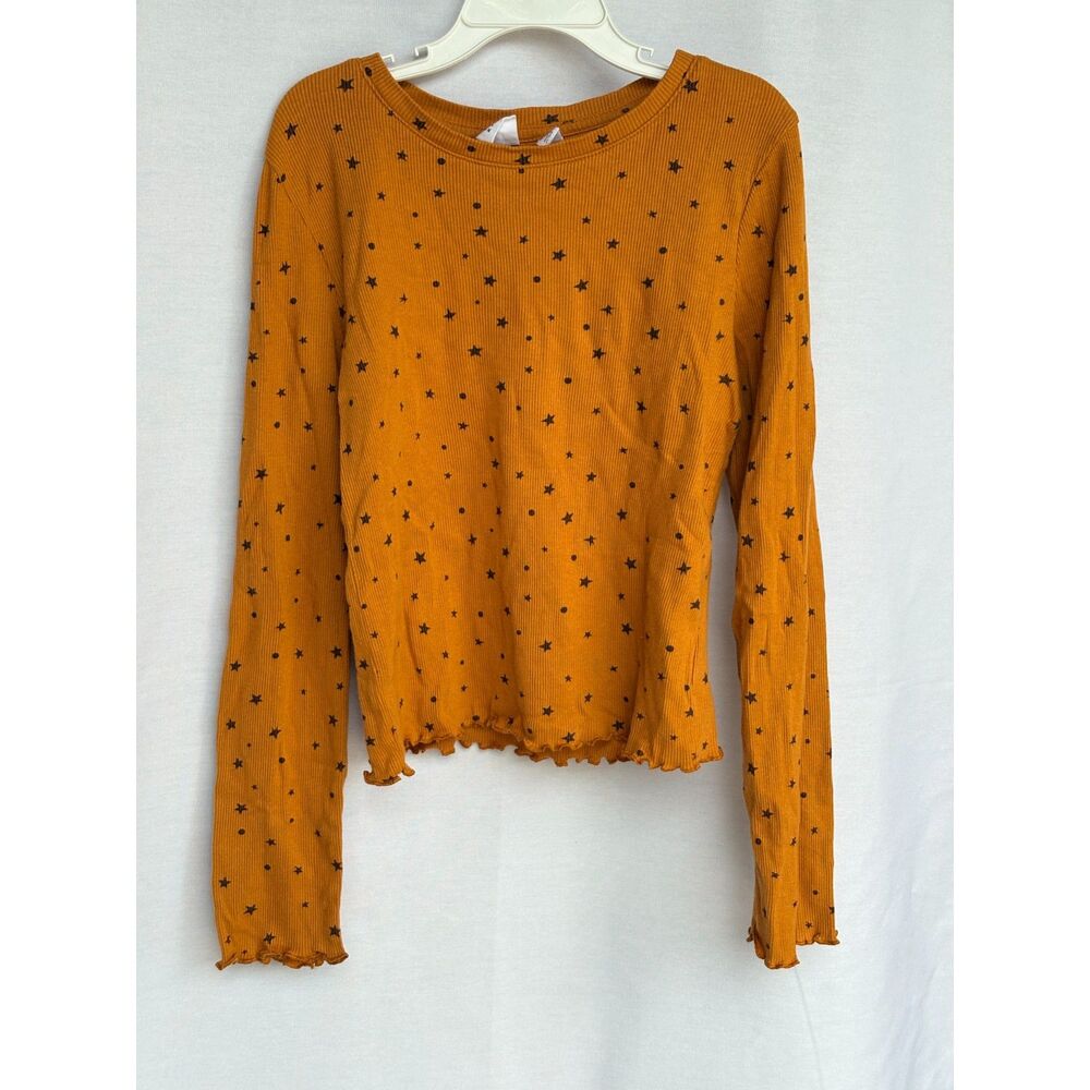 Gap Kids Mustard Yellow Star Print Ribbed Long Sleeve Lettuce Edge Top M